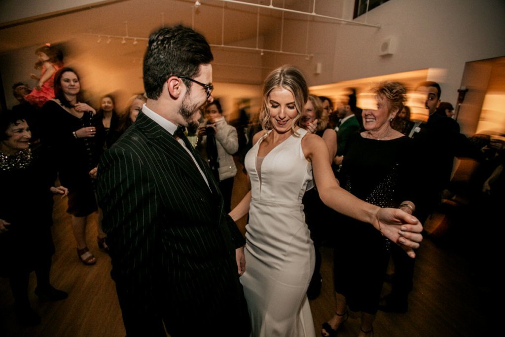 Bride and groom dancing