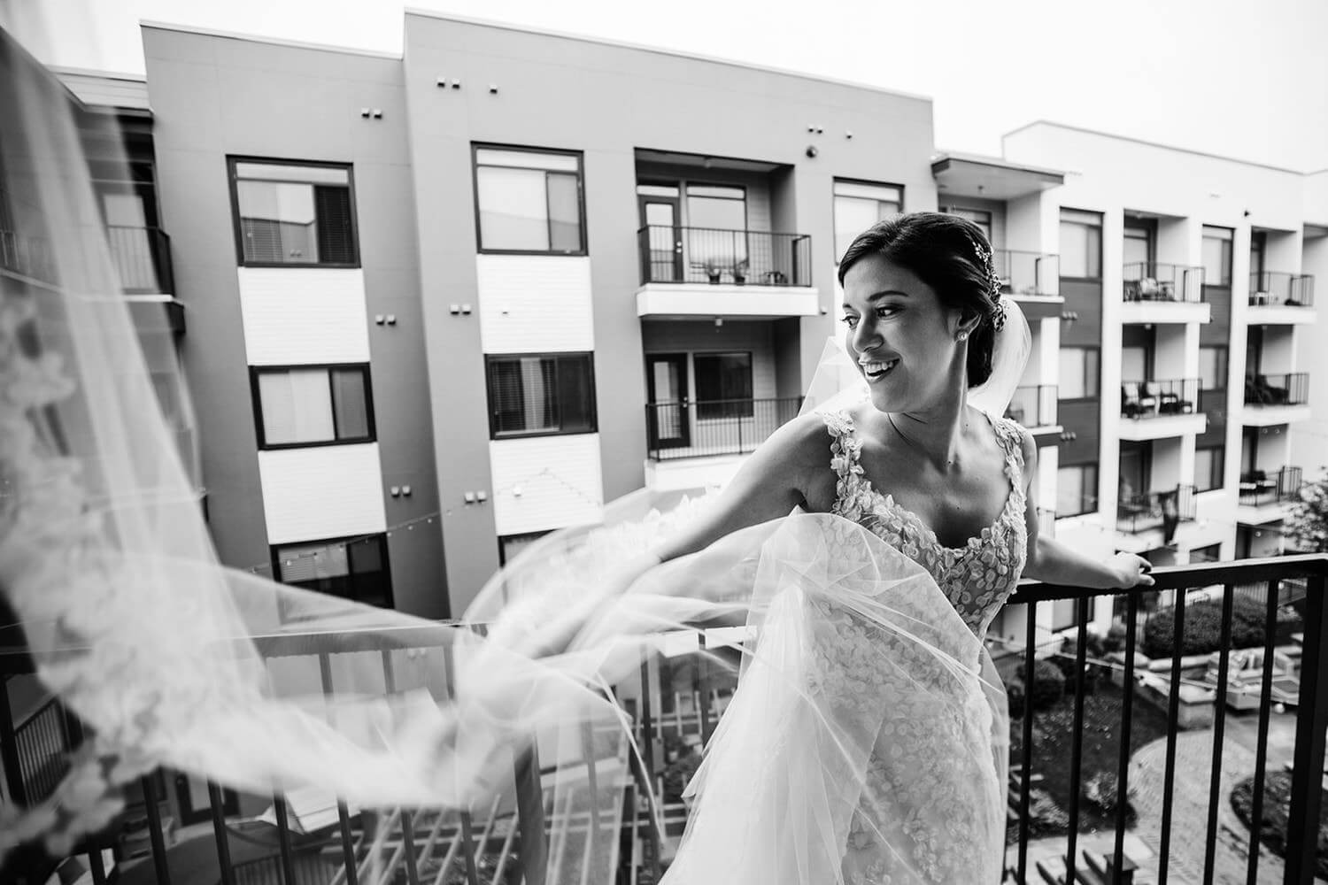 beautiful bride laughing bw