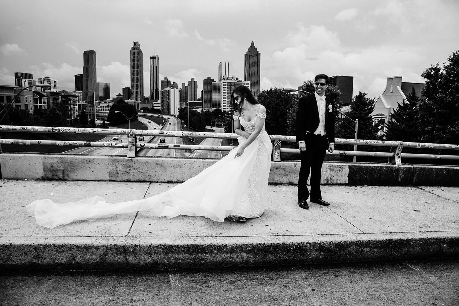 wedding couple at the Jackson Street Bridge