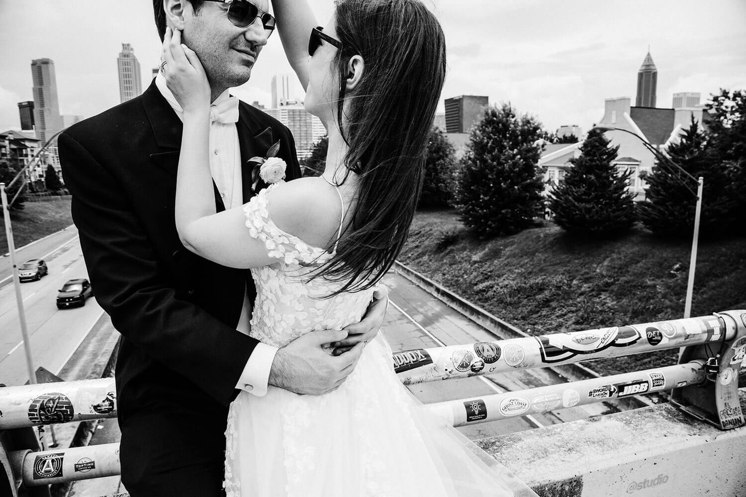 wedding couple at the Jackson Street Bridge