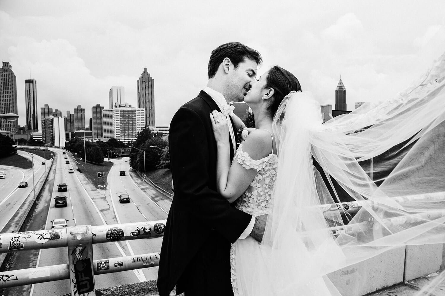 wedding couple at the Jackson Street Bridge