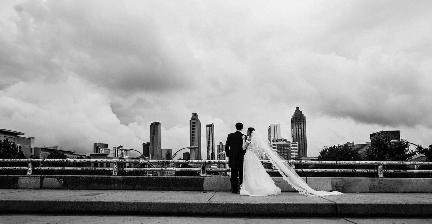 wedding couple at the Jackson Street Bridge