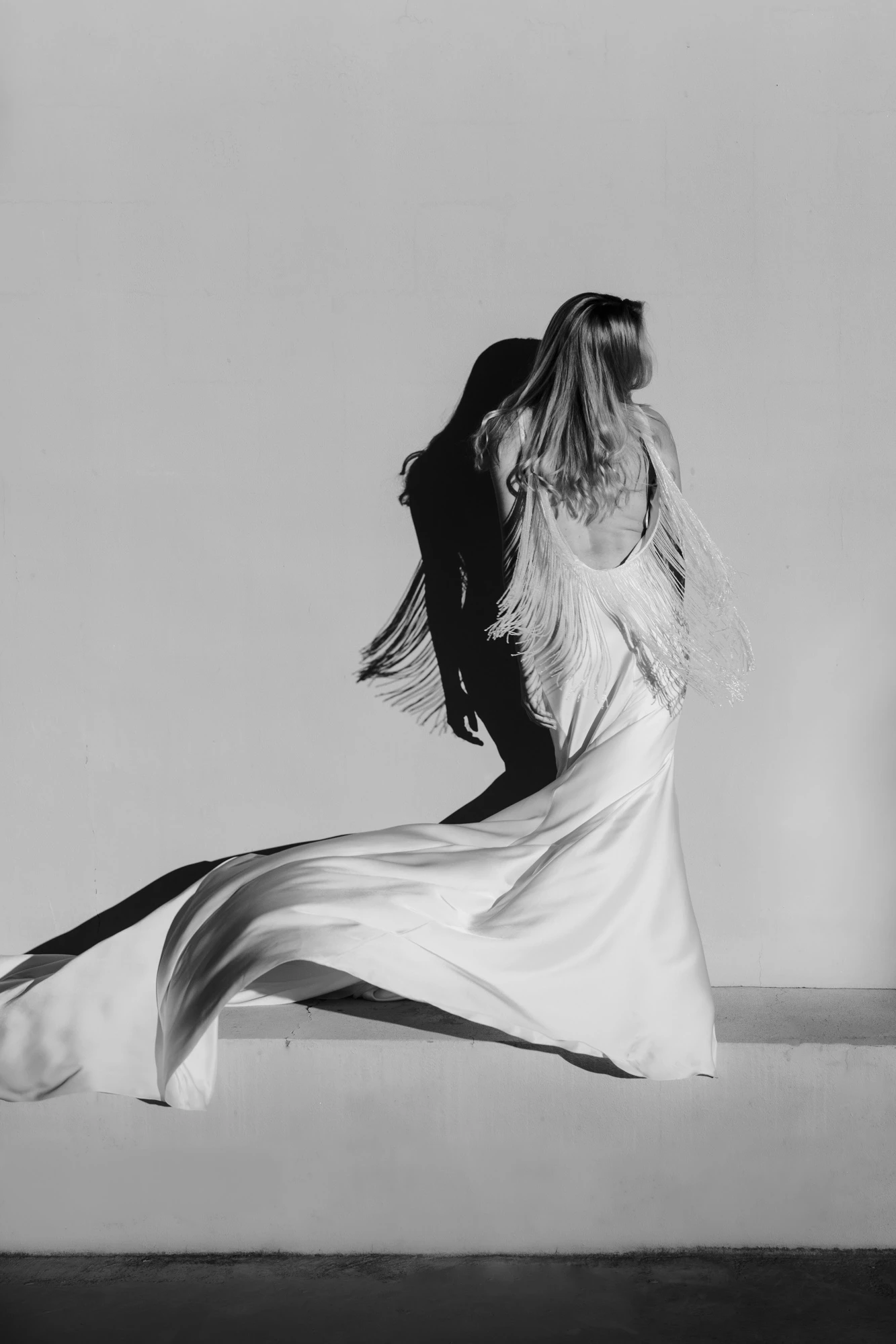 black and white bride portrait with movement