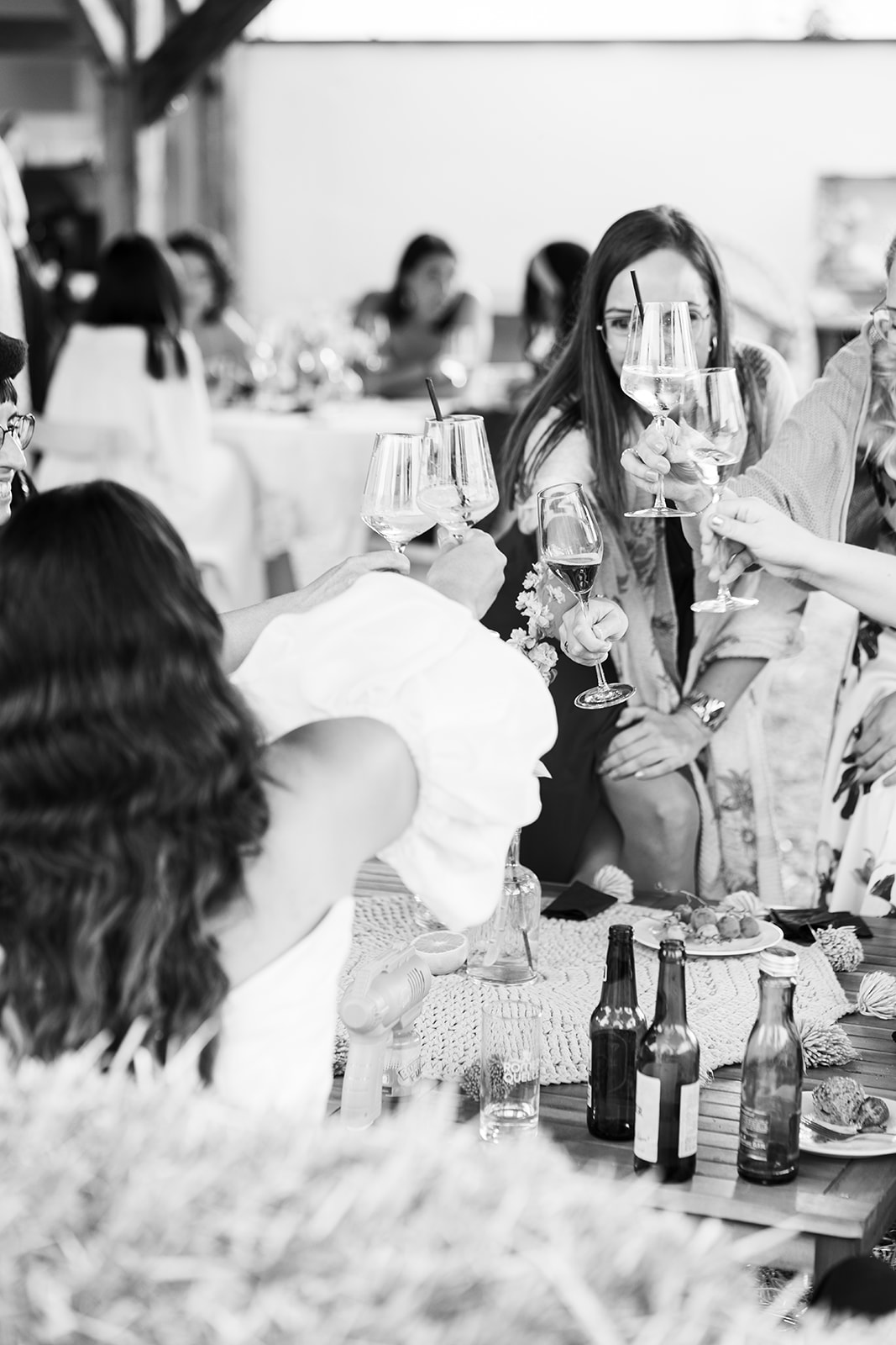 Wedding guests cheering with champagne glasses during vineyard reception celebration in Austria