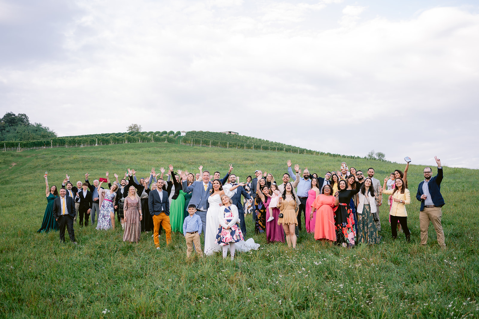 Wedding guests gathered in open field with panoramic vineyard view at Weingut Holler, Austria