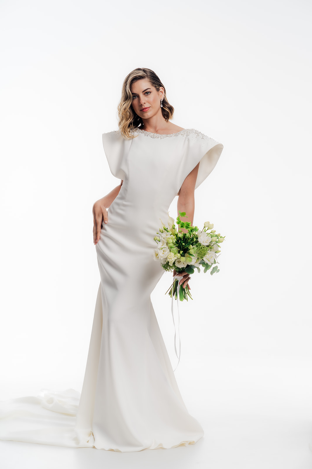 Modern bridal gown crepe mermaid silhouette editorial