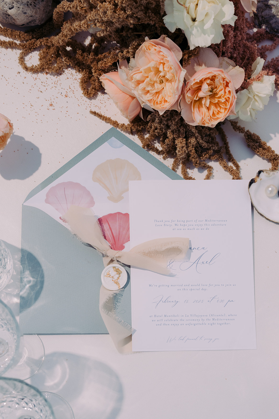 Mediterranean wedding invitation card design by the sea